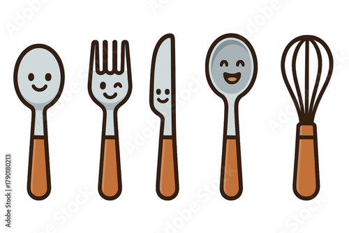 Happy cartoon eating utensils with wooden handles set