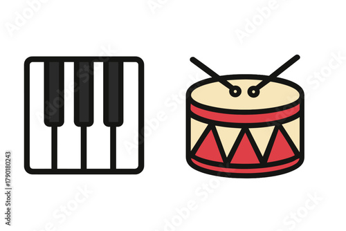 Set of musical keyboard keys and toy drum with sticks icons