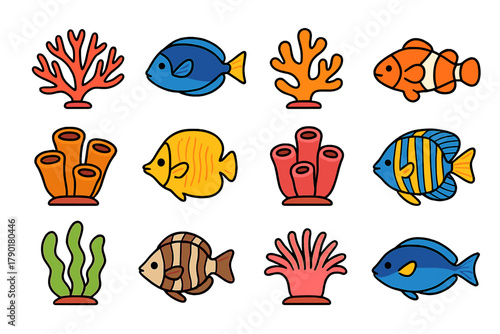 Colorful tropical fish and various coral reef sea life icons