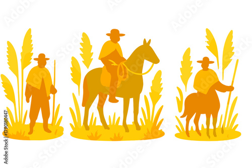 Gaucho figures on horseback and standing among tall dry grass