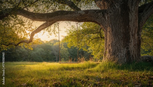 Fototapeta Naklejka Na Ścianę i Meble -  Old tree featuring a wooden swing, a space for childhood memories, World Environment Day