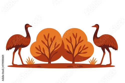 Two emus standing near stylized orange trees in dry landscape