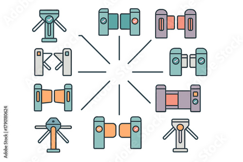 Various access control turnstile and barrier gate icons for entry points