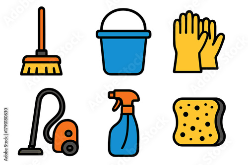 Colorful icons representing essential household cleaning and housekeeping supplies