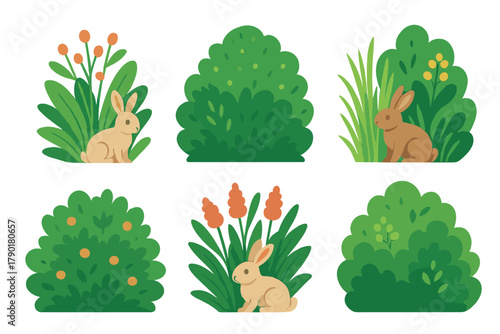 Six cute rabbits peeking from various green bushes and foliage elements