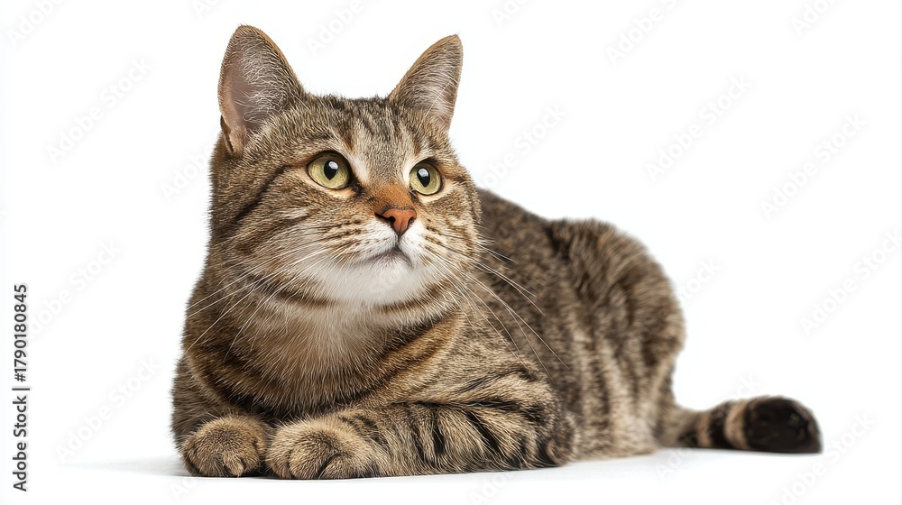 Fototapeta premium Studio portrait of a sitting tabby cat looking forward against a white back ground