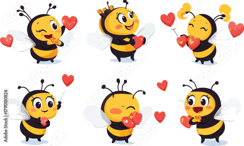 A cute, funny cartoon bee character set illustration with happy insect, animal, and butterfly designs