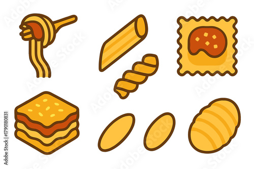 Various Italian pasta shapes and baked food symbols collection