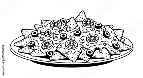 Black and white nachos illustration with tomatoes and olives
