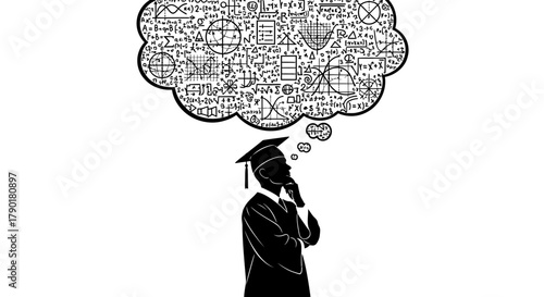 Student graduation thinking about math and science formulas idea