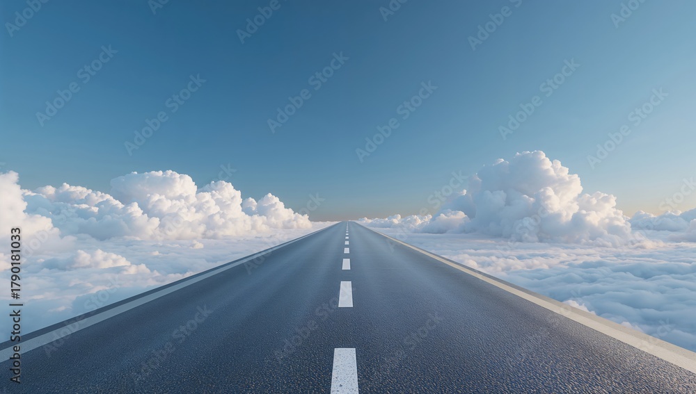 Obraz premium 3D illustration of an infinite road with clouds, potential for creative design applications