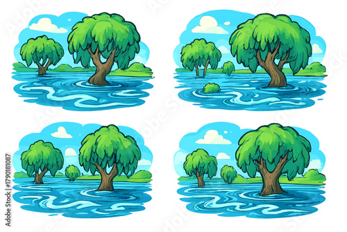 Cartoon trees standing in swirling flood water under bright blue sky