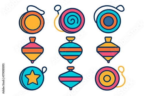 Assortment of vibrant spinning tops and yo-yo graphics
