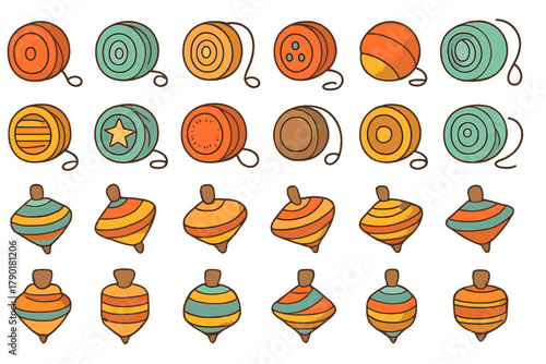 Colorful wooden yo-yos and spinning tops icons set