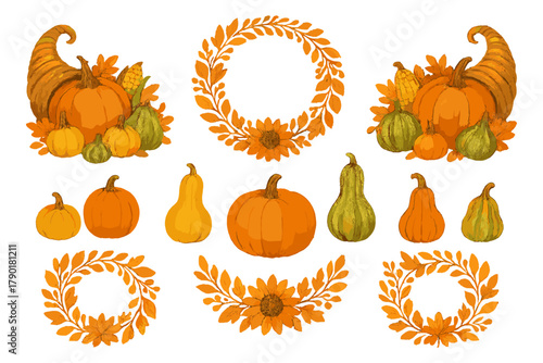Assortment of autumn harvest gourds cornucopia and decorative wreaths