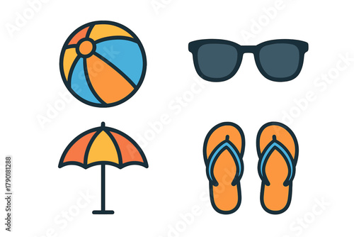 Set of colorful summer beach vacation icons including ball and sunglasses