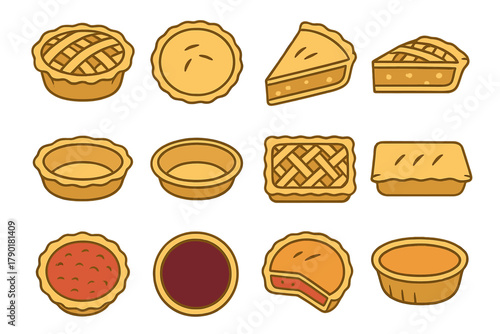 Assortment of baked sweet pies and empty pastry shells icons