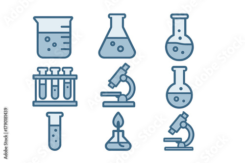 Collection of blue-toned icons for chemistry and biology laboratory equipment