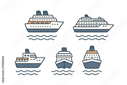 Collection of cruise ship and passenger boat icons in profile and front views