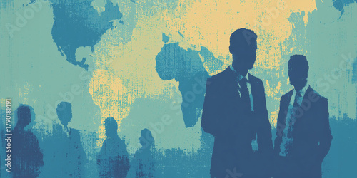 Global Business Networking Concept Illustration with Silhouettes of Businessmen over World Map Background