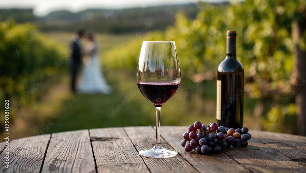 Naklejka premium Wine Tasting Glass Set in a Vineyard, Ideal for Romantic Experiences