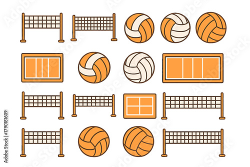 Collection of volleyball equipment icons including balls, nets, and court markings