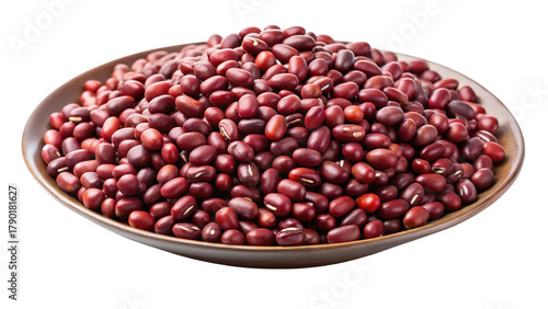 A generous bowl overflowing with small dark red adzuki beans isolated on transparent background