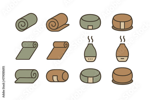 Rolled Yoga Mats and Essential Oil Diffusers Simple Icon Collection