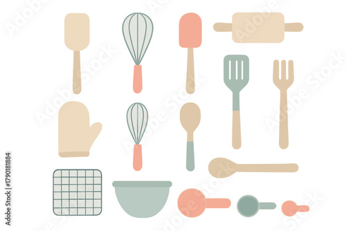 Pastel colored baking and cooking utensil icons set