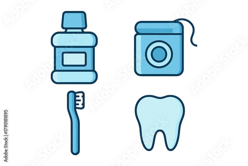 Four essential dental hygiene icons: mouthwash, floss, toothbrush, and molar