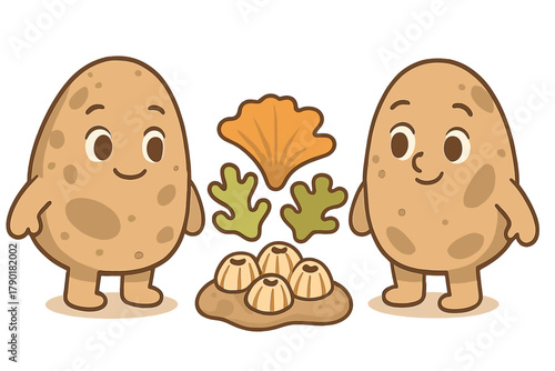 Happy potato characters interacting with stylized ocean creatures