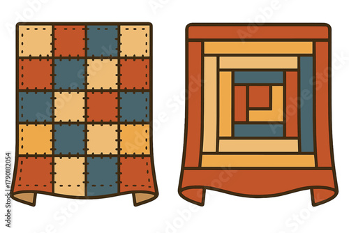 Colorful patchwork textile blankets featuring geometric quilting patterns