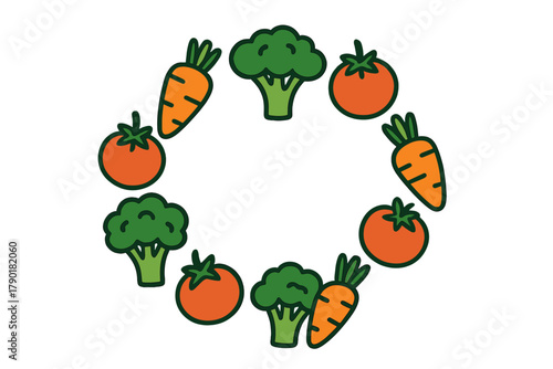 Circular frame made of cartoon broccoli tomato and carrot icons