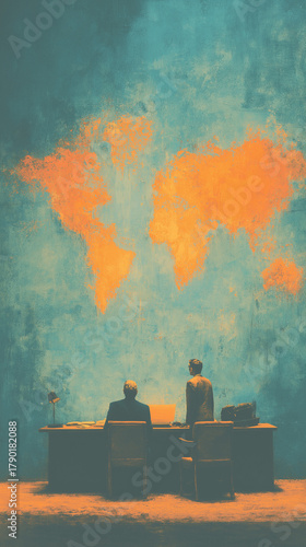 
Businessmen Controlling the World Map in a Vertical Illustration Suggesting Power and Conspiracy