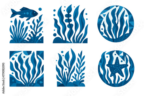 Stylized blue icons of underwater sea flora and fauna elements