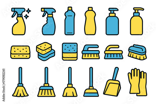 Set of colorful cleaning supplies and household maintenance tools icons