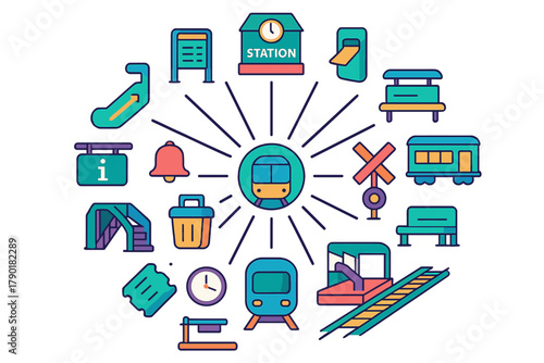 Collection of colorful public transportation and railway station icons