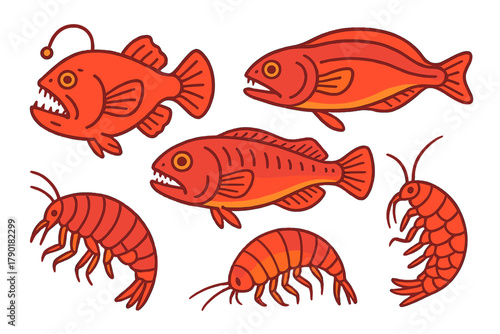 Deep sea anglerfish and various crustaceans rendered in striking red tones