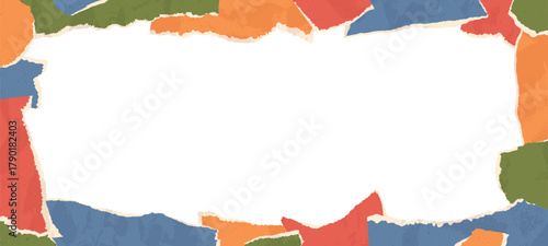 Abstract collage frame with torn paper scraps, crumpled paper pieces banner template. Colored shreds of papers with ragged edges, modern trendy cutout scrapbook vector background