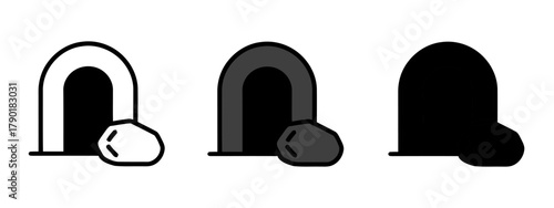 Set of Three Empty Tomb Icons with Rock Blocking the Entrance Representing Resurrection