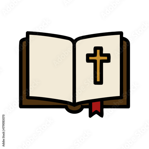 Open Book with Cross on Page and Bookmark Illustration on White Background