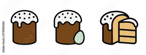 Three Icon Style Cakes With Icing and a Pale Green Egg Symbolizing a Spring Holiday