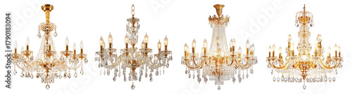 Elegant Crystal Chandeliers with Gold Accents and Glowing Light Effects, PNG bundle collection, Isolated on Transparent Background