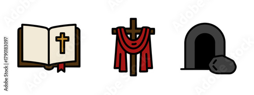 Easter Symbols: Open Bible with Cross, Cross with Red Cloth, and Open Tomb Depiction