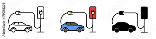 Electric Vehicle Charging Station Icons Depicting a Car Connected to a Charger