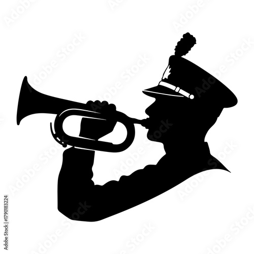 Bold silhouette of a bugler in uniform sounding the call, perfect for historical themes