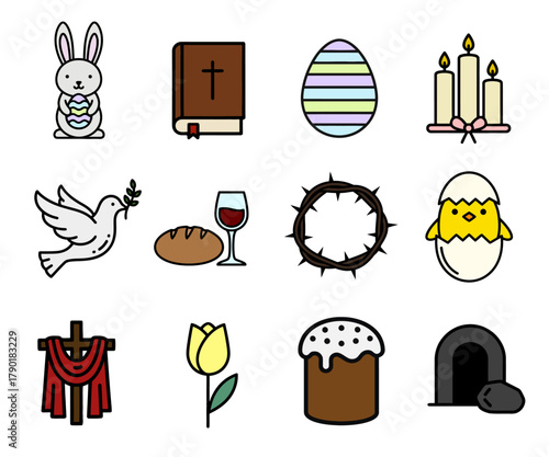 Graphic Easter Holiday and Religious Symbols Collection on White Background