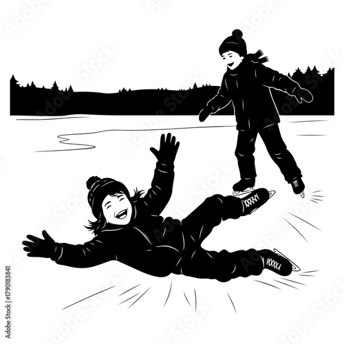 Joyful winter scene of kids ice skating and having fun on the frozen lake together outside