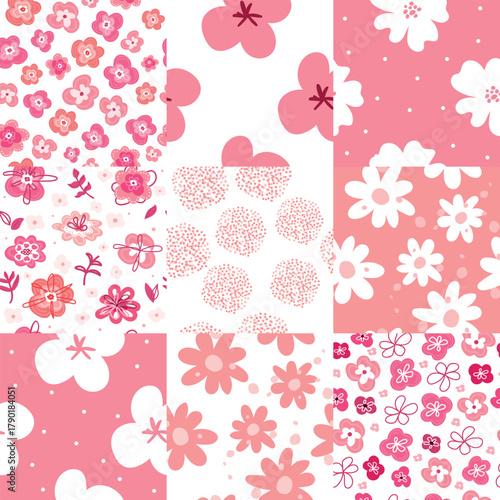 A set of simple floral seamless patterns. A collection of pink flowers.