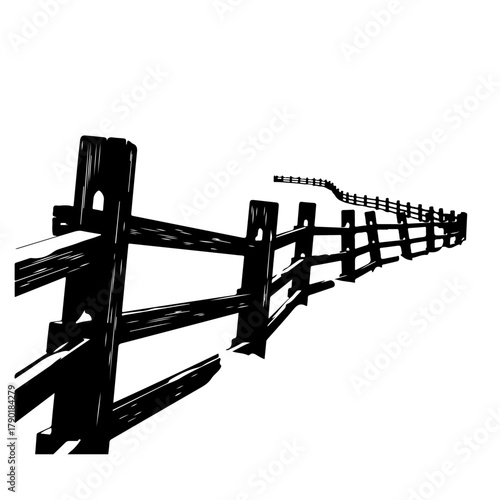Dramatic black and white illustration of a weathered wooden fence receding into the distance